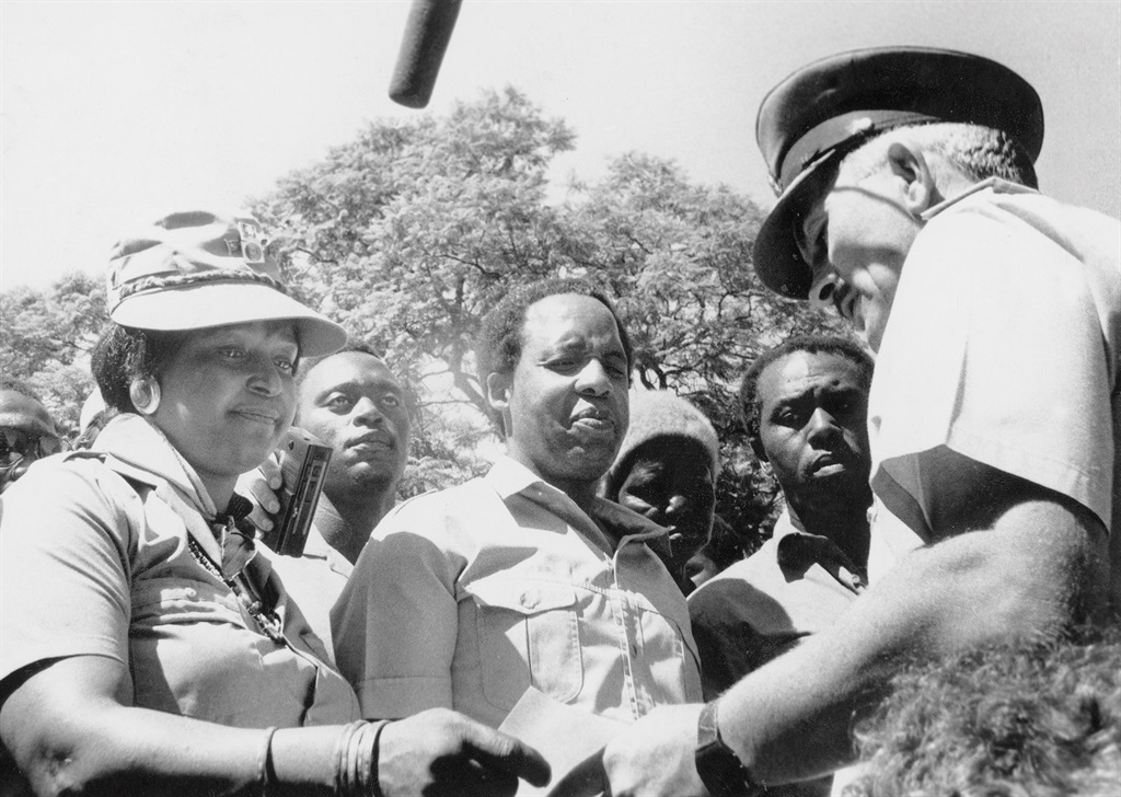 South African Communist Party (SACP) leader Chris Hani and politician Winnie Madikizela-Mandela handing over the Umkhonto we Sizwe Manifesto, in Johannesburg. (Photo by Gallo Images/Media24 Newspaper Archives)