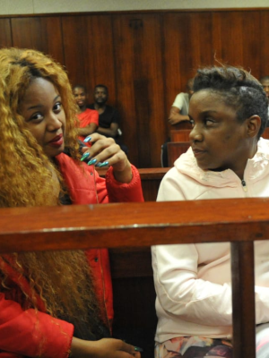 Babes Wodumo and Tipcee at Durban Magistrates' Court (PHOTO: Zama Chutsela)