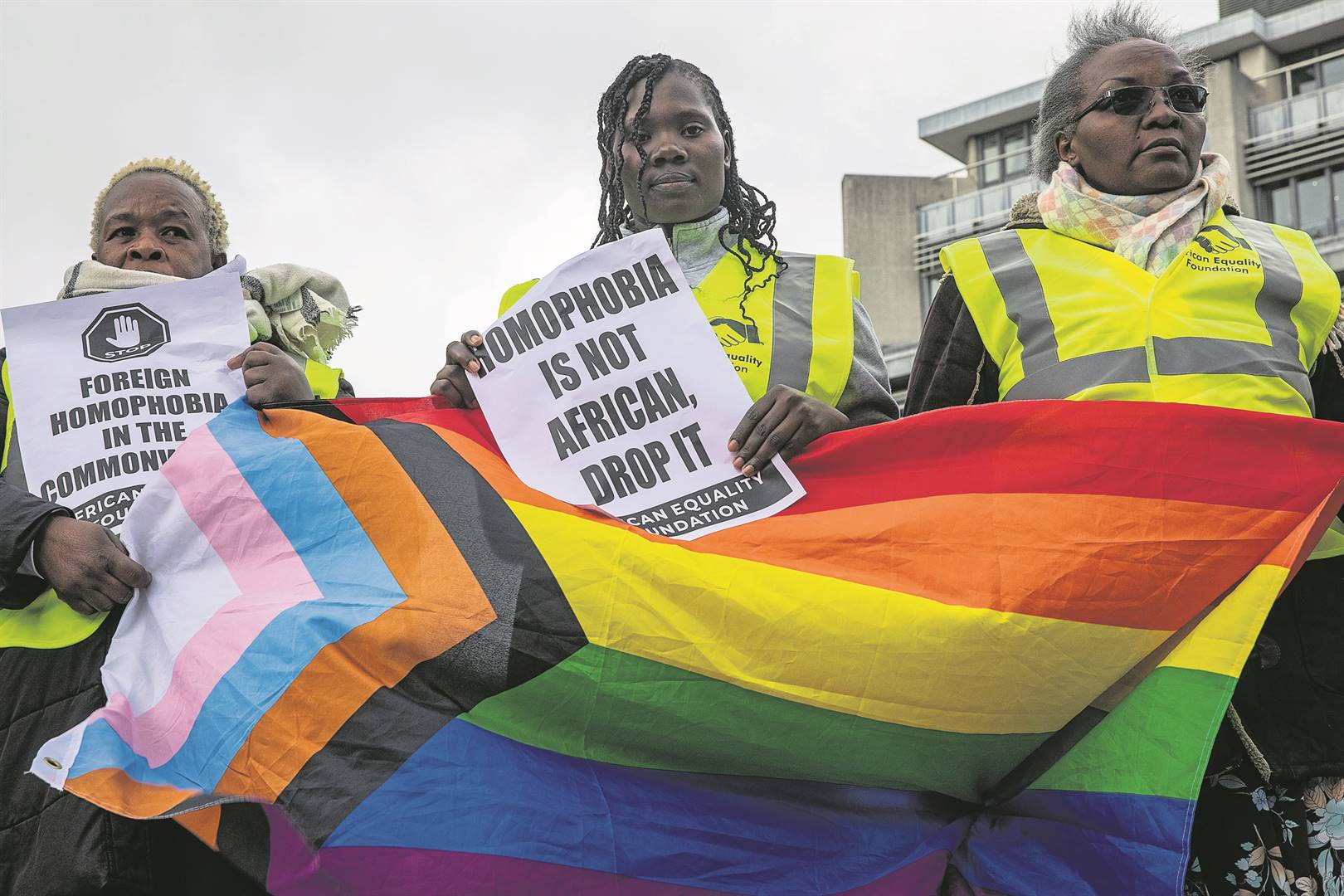 LGBTIQ+ campaigners protest in London last month to highlight the fact that same-sex relations are still criminalised in 32 out of 56 Commonwealth member states.