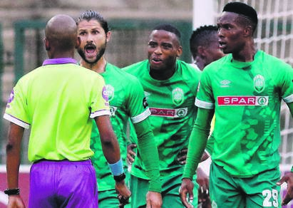 STATING THEIR CASE AmaZulu players, led by Marc van Heerden, argue with the referee during a league game. Picture: Anesh Debiky / gallo images 