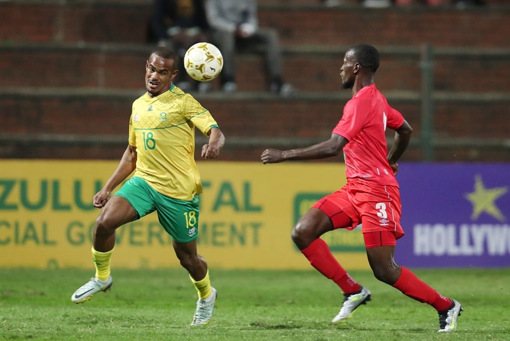Iqgraam Rayners of South Africa challenged by Ananias Gebhardt of Namibia during the 2023 Hollywood Bets COSAFA Cup match between South Africa and Namibia in King Zwelithini Stadium, Umlazi on the 05 July 2023 Â©Muzi Ntombela/BackpagePix