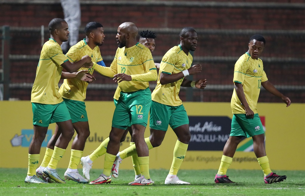 Rowan Human of South Africa celebrates goal with teammates during the 2023 Hollywood Bets COSAFA Cup match between South Africa and Namibia in King Zwelithini Stadium, Umlazi on the 05 July 2023 Â©Muzi Ntombela/BackpagePix