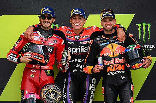 Left To Right: Francesco Bagnaia of Italy, second placed rider, Aleix Espargaro of Spain, race winner and Brad Binder of South Africa (Getty)