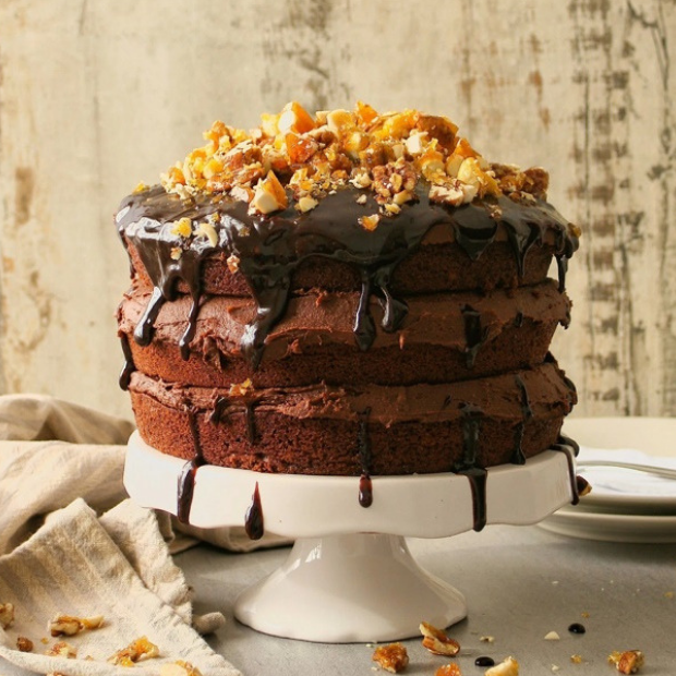 vegan chocolate nut brittle cake