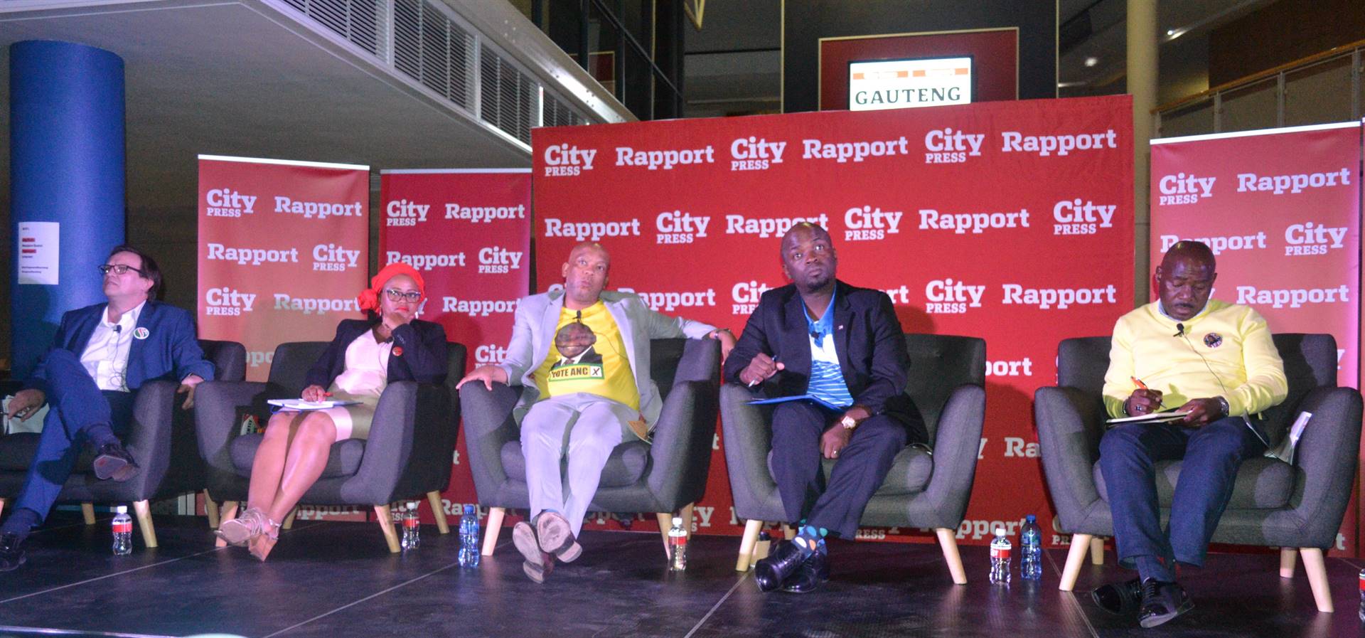 Representatives from the various parties at the #BattlegroundGauteng debate on Tuesday. From left: Freedom Front plus MP Anton Alberts, EFF Gauteng chairperson Mandisa Mashego, former Tshwane mayor and ANC member Kgosientso Ramokgopa, DA Gauteng premier candidate Solly Msimanga, and IFP’s Bonginkosi Dlamini. Picture: Palesa Dlamini/City Press