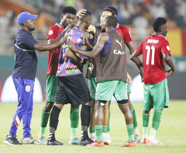 KORHOGO, IVORY COAST - JANUARY 16: Players of Namibia celebrate their victory after the Africa Cup of Nations (CAN) 2024 Group E football match between Tunisia and Namibia at Amadou Gon Coulibaly Stadium in Korhogo, Ivory Coast on January 16, 2024. (Photo by Haykel Hmima/Anadolu via Getty Images)