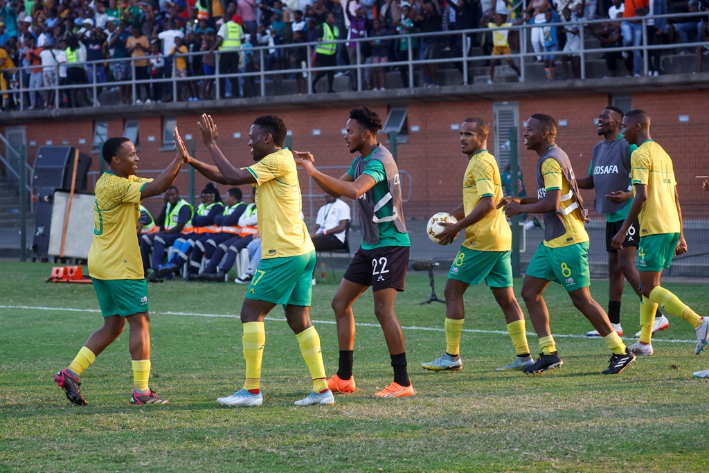 DURBAN, SOUTH AFRICA - JULY 08: South Africa celebrates scoring the winning goal during the 2023 COSAFA Cup match between South Africa and Botswana at King Zwelithini Stadium on July 08, 2023 in Durban, South Africa. (Photo by Rogan Ward/Gallo Images)