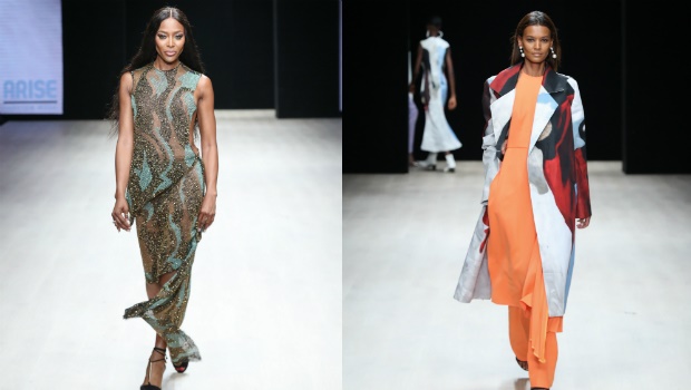 Naomi Campbell and Liya Kebede walk the runway at arise Fashion Week in Lagos, Nigeria