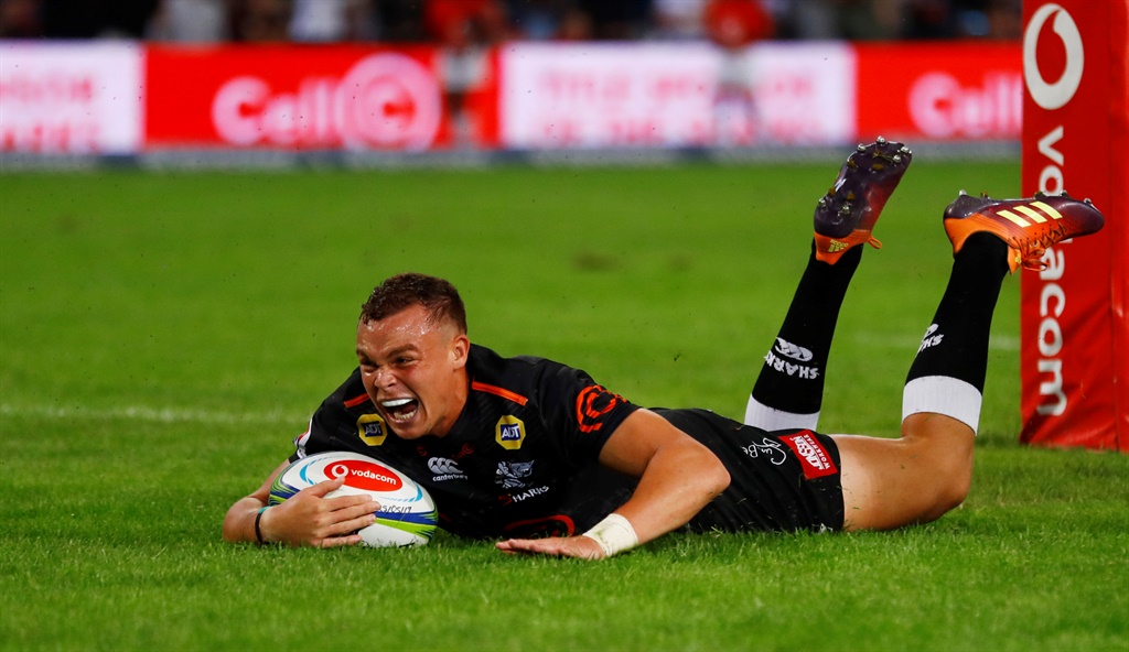 Curwin Bosch of the Cell C Sharks scores a try during the Super Rugby match against the Emirates Lions at Jonsson Kings Park Stadium in Durban on May 25, 2019. Picture:  Steve Haag/Gallo Images/Getty Images