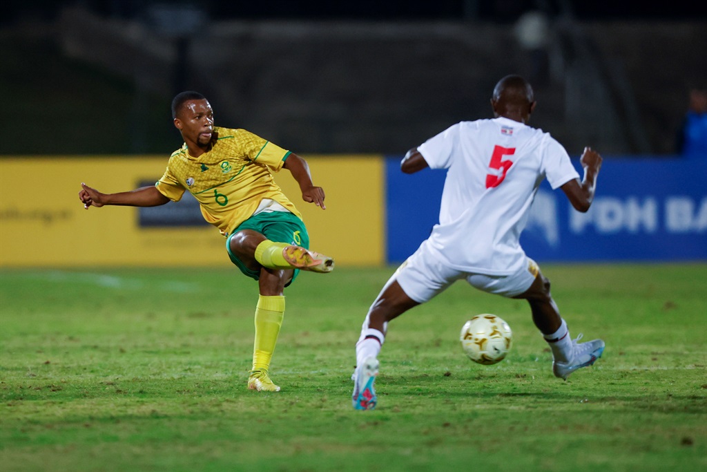 DURBAN, SOUTH AFRICA - JULY 11: Themba Sikhakhane of South Africa and Bongwa Owa Matsebula of Eswatini during the 2023 COSAFA Cup match between South Africa and Eswatini at Princess Magogo Stadium on July 11, 2023 in Durban, South Africa. (Photo by Rogan Ward/Gallo Images)