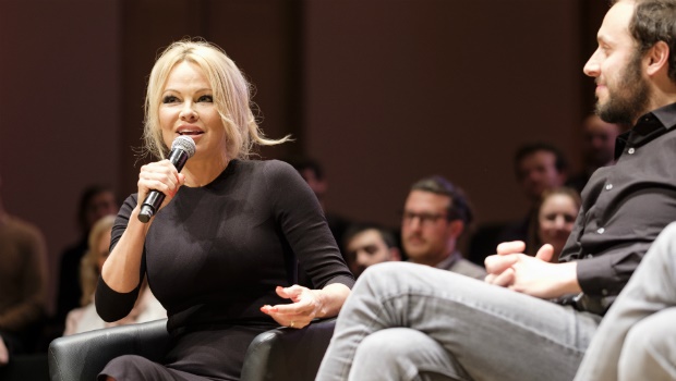 Activist Pamela Anderson and political activist Srecko Horvat at the launch of the Democracy in Europe Movement 2025 in Brussels, Belgium.