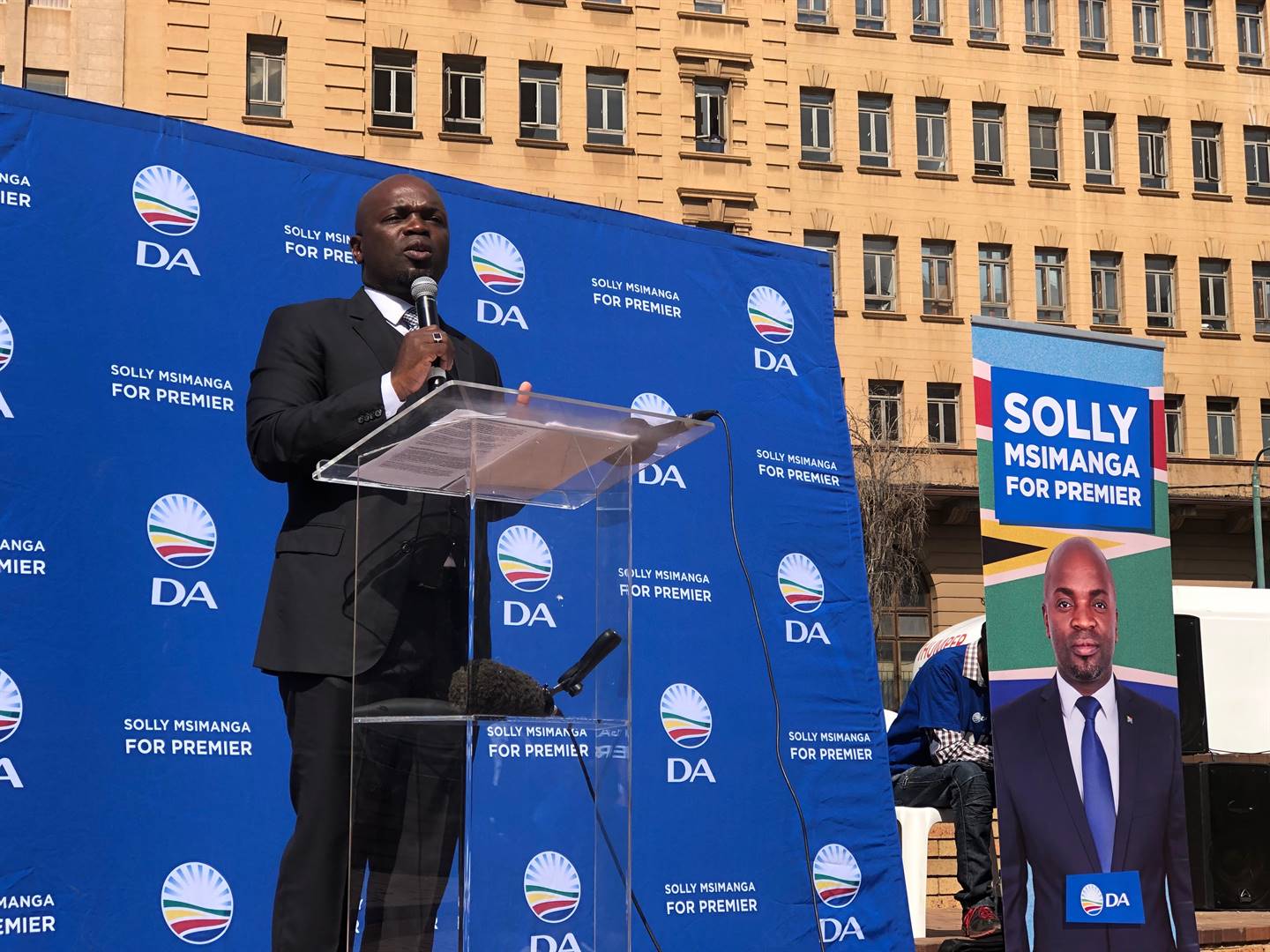 The DA’s Gauteng premier candidate Solly Msimanga announcing the action plan for his first 100 days in office at Beyers Naude Square on April 29. Picture: Juniour Khumalo