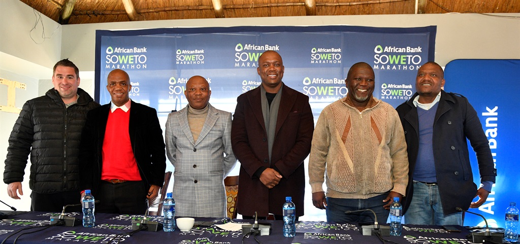 Soweto Marathon race director Danny Blumberg, Central Gauteng Athletics president Steven Khanyile, Athletics SA president James Moloi, African Bank group chief marketing officer Sbusiso Kumalo, City of Joburg's councilor Lubabalo Magwentshu, as well as Soweto Marathon Trust Thokozani Mazibuko during the launch of the race's new title sponsorship deal with African Bank at Sakhumzi Restaurant in Soweto. 