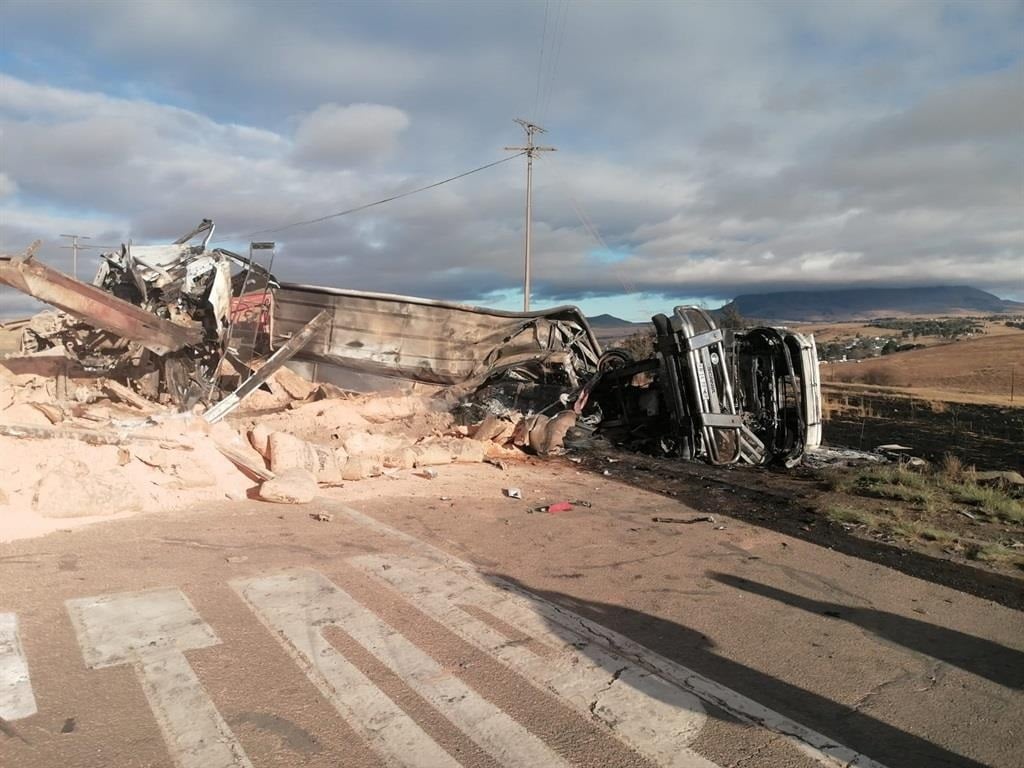 DEADLY CRASH: The scene of the horrific accident between two trucks and a bus in Free State. Photo by Joseph Mokoaledi