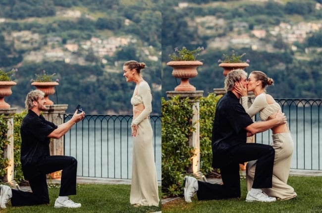 Logan Paul proposing to Nina Agdal in Lake Como, Italy. Images via (loganpaul)/ Instagram. Collage by Futhi Masilela