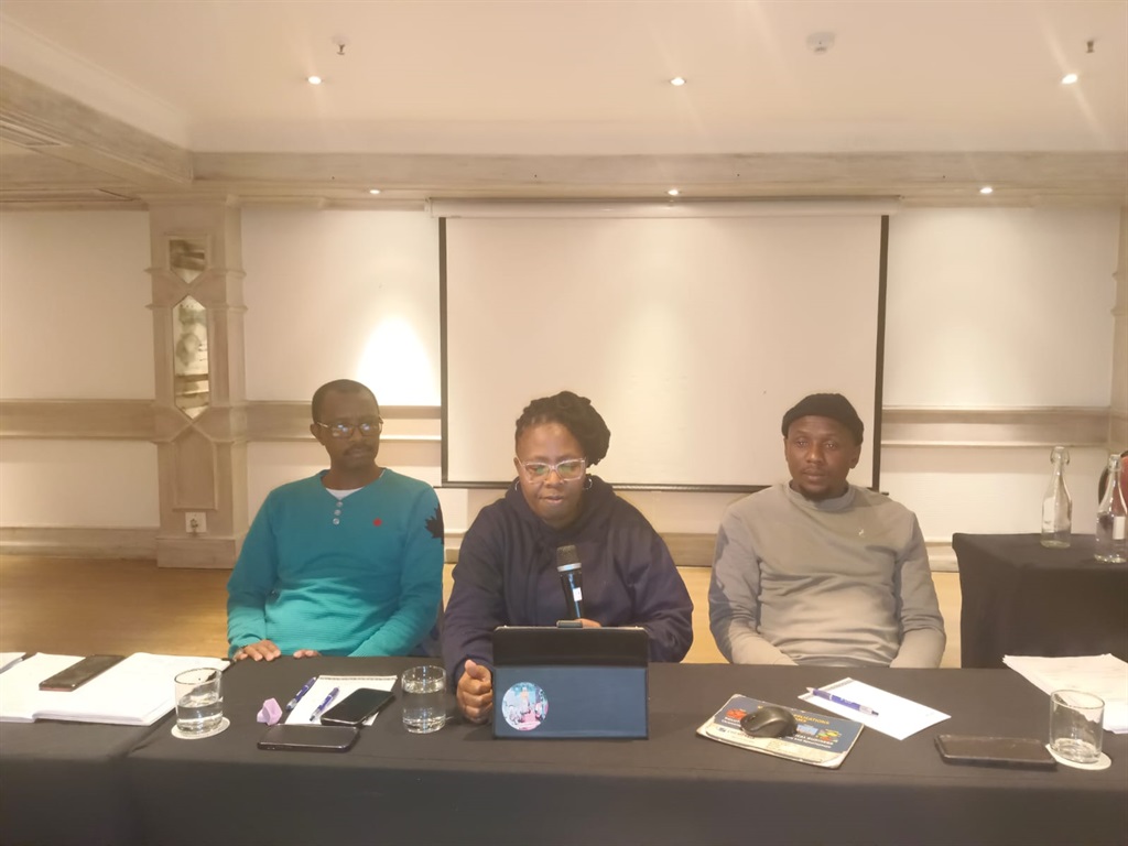 Ruth Ntlokotse and two other union members at a press briefing in Hotel Parktonian in Johannesburg. Photo: Supplied 