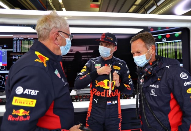 Max Verstappen of Red Bull Racing, Red Bull Racing Team Principal Christian Horner and Red Bull Racing Team Consultant Dr Helmut Marko . (Photo by Getty Images/Getty Images)