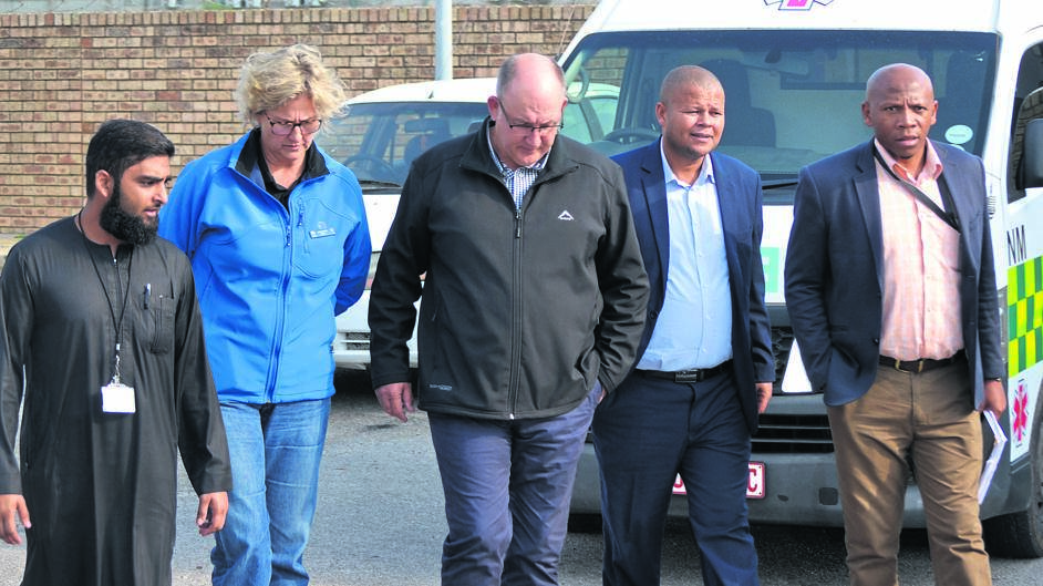 From left: Yusuf Cassim, Jane Cowley, Athol Trollip, Mxolisi Breakfast and Masixole Zinto after an oversight inspection at Motherwell Health Care Centre. Photo by Luvuyo Mehlwana