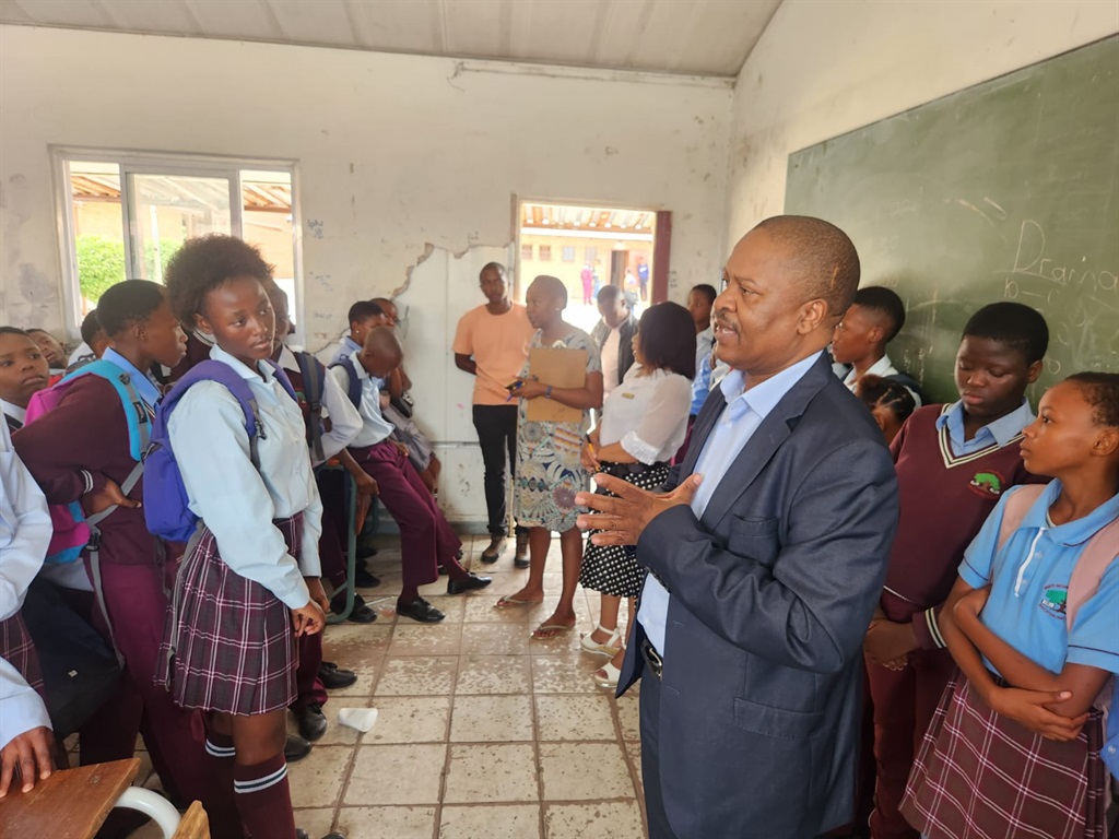 Paul Sebegoe of the North West government addressing pupils at one of the schools in the Rustenburg area. 