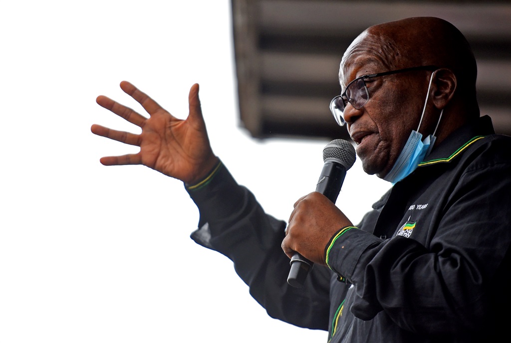 Former president Jacob Zuma speaks to thousands of his supporters outside his homestead in Nkandla on Sunday, July 4 2021. Photo: Tebogo Letsie/City Press