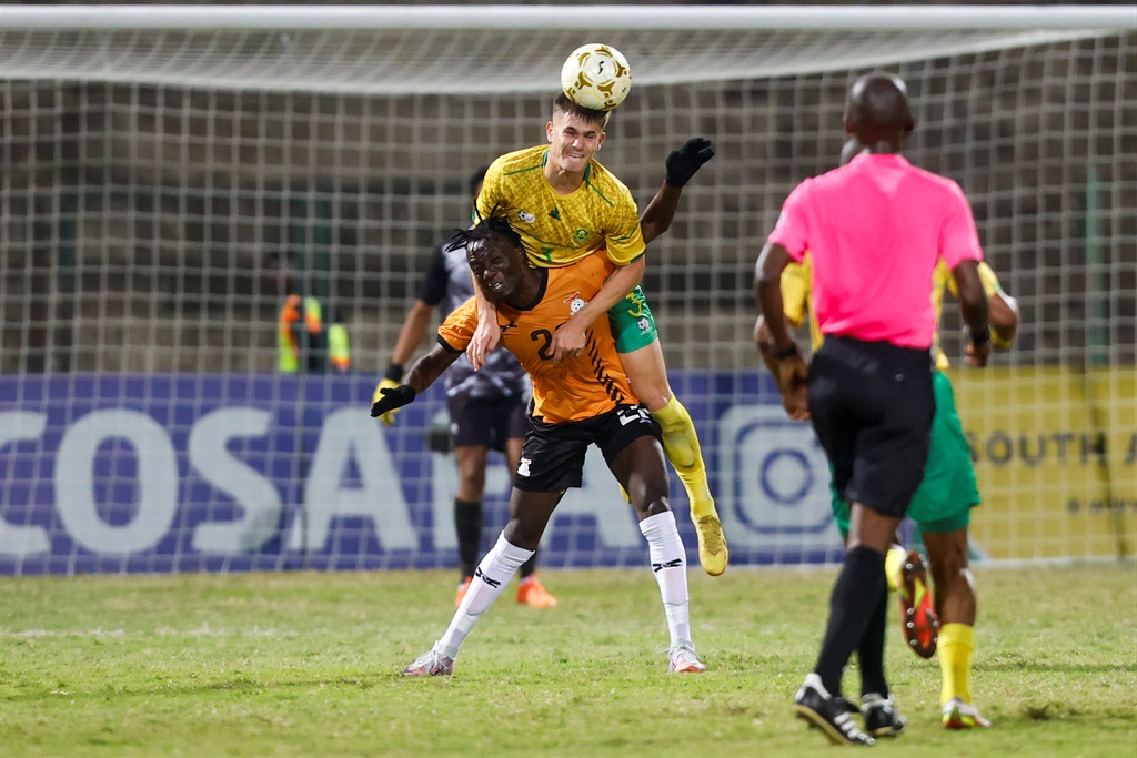 DURBAN, SOUTH AFRICA - JULY 14: Keegan Allan of South Africa and Pride Mwanasa of Zambia during the 2023 COSAFA Cup semi final match between South Africa and Zambia at King Zwelithini Stadium on July 14, 2023 in Durban, South Africa. (Photo by Rogan Ward/Gallo Images)