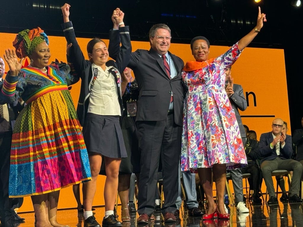 Basic Education Minister Angie Motshekga with 2023 top public school matric pupil Melissa Müller from Rhenish Girls' High School in Stellenbosch, Western Cape Education MEC David Maynier and Deputy Basic Education Minister Reginah Mhaule.