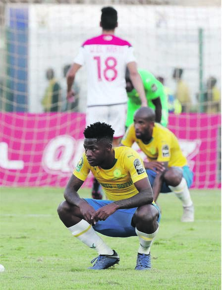 it’s over Phakamani Mahlambi of Sundowns reacts with disappointment after the final whistle as Sundowns were eliminated by Wydad at Lucas Moripe Stadium yesterdayPHOTO: Gavin Barker / BackpagePix