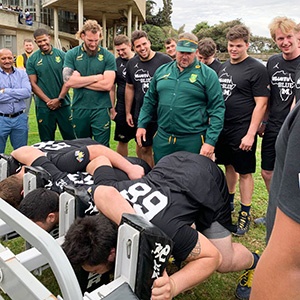 Springbok assistant coach Matt Proudfoot showing the visiting players from the University of Michigan how to scrum... (Photo supplied by SA Rugby)