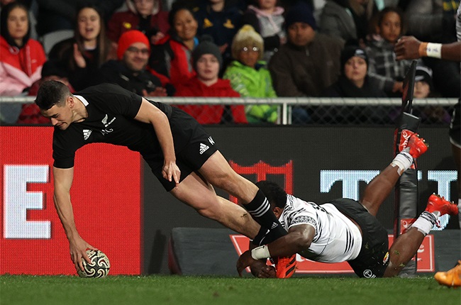 Will Jordan of the All Blacks dives over to score a try. (Photo by Phil Walter/Getty Images)