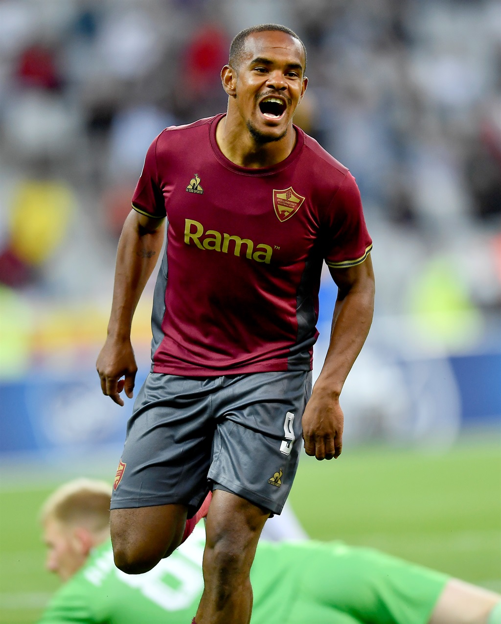 Iqraam Rayners of Stellenbosch FC celebrates after scoring the opening goal during the DStv Premiership match between Cape Town Spurs and Stellenbosch FC at DHL Cape Town Stadium on 28 November 2023 in Cape Town, South Africa. 