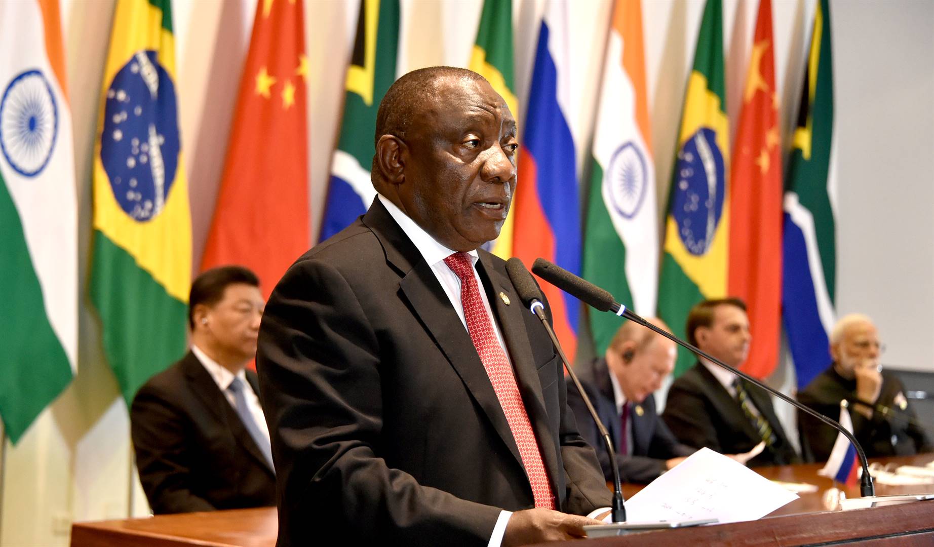 President Cyril Ramaphosa and leaders from China, India and  Brazil ahead of the BRICS summit in 2019. 