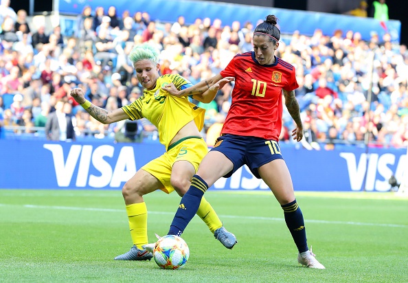 Jennifer Hermoso of Spain is challenged by Janine Van Wyk of South Africa during the 2019 FIFA Womens World Cup 