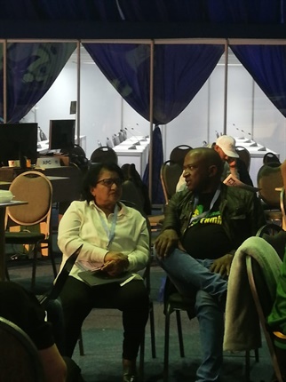 Calm before the storm? ANC deputy secretary general Jessie Duarte and ANC NEC member Nkenke Kekana share a quiet word at the IEC's national results centre in Pretoria.&nbsp;