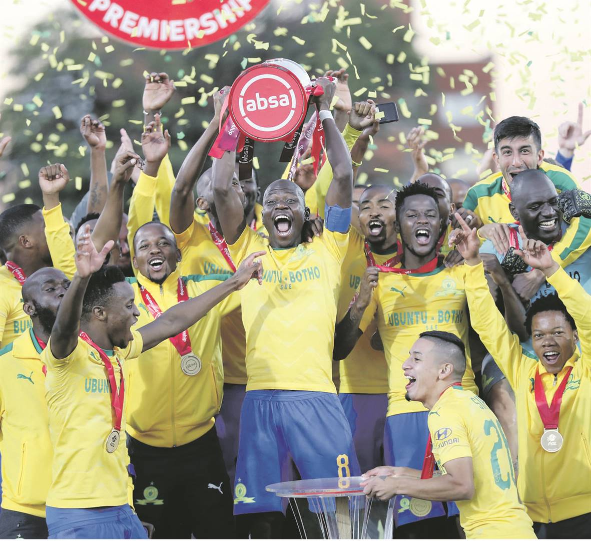 ECSTASY Mamelodi Sundowns celebrate winning the Absa Premiership 2018/19 title after beating Free State Stars 1-0 at Goble Park Stadium in Bethlehem yesterday. Picture: Samuel Shivambu / BackpagePix