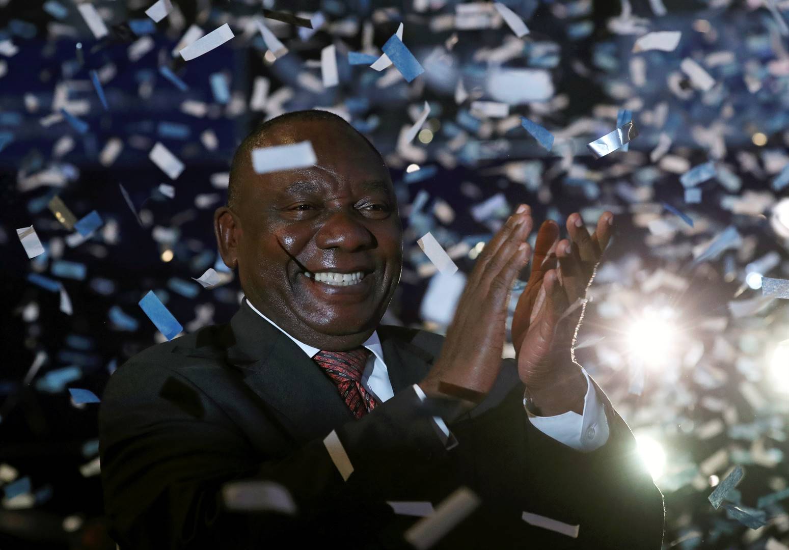 Cyril Ramaphosa celebrates victory for the ANC at the announcement of results of the country&#39;s parliamentary and provincial elections in Pretoria on Saturday (May 11 2019). Picture: Mike Hutchings/Reuters