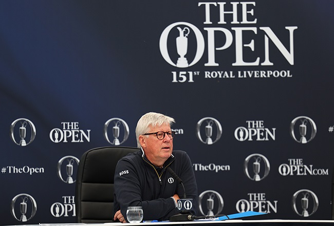 Martin Slumbers, CEO of The R&A, speaks to the media prior to The 151st Open at Royal Liverpool Golf Club on 19 July 2023 in Hoylake, England. (Photo by Andrew Redington/Getty Images)