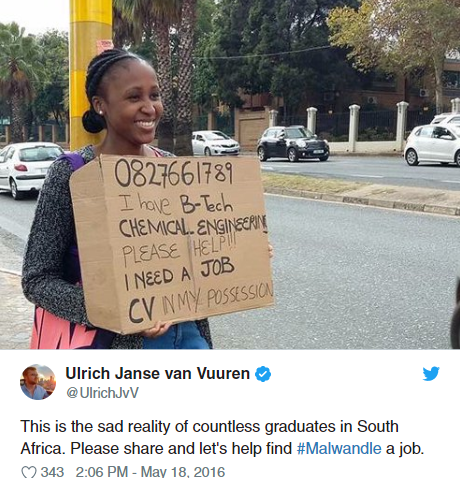 Graduate Anthea Malwandle stood at a busy Rosebank intersection  to seek employment in 2018