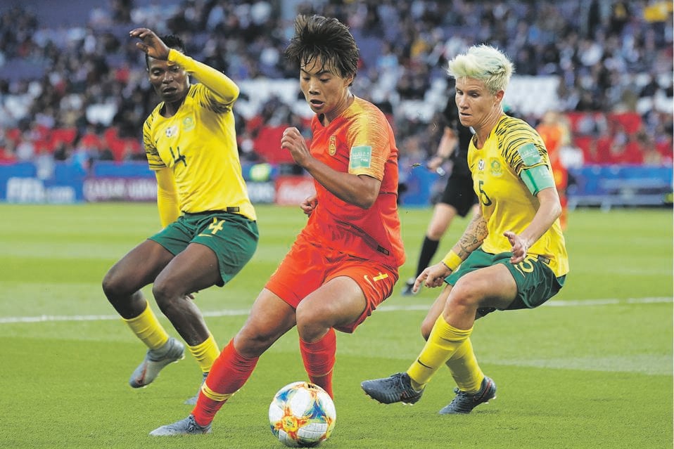  Banyana Banyana defenders Noko Matlou and Janine van Wyk gang up in a bid to stop Wang Shuang of China during their World Cup group match at Parc des Princes in Paris, France, on Thursday.Picture: Quality Sport Images / Getty Images