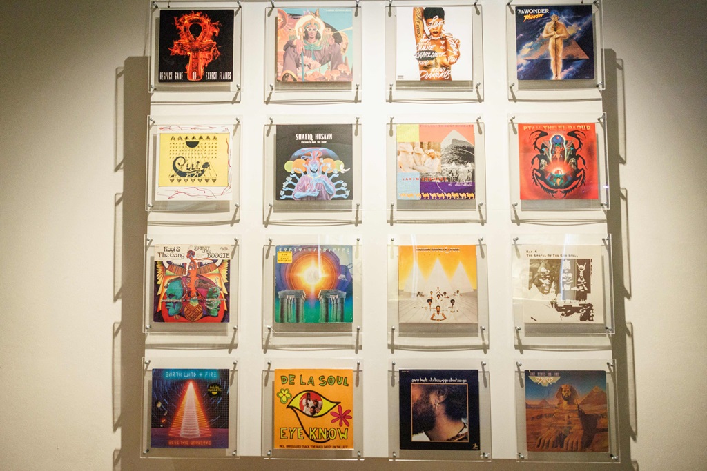 Music album covers displayed as part of the exhibi