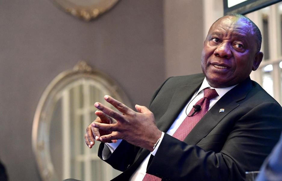 President Cyril Ramaphosa in conversation at the Goldman Sachs conference where he told investors he has plan on expropriating land. Picture: Elmond Jiyane/GCIS 