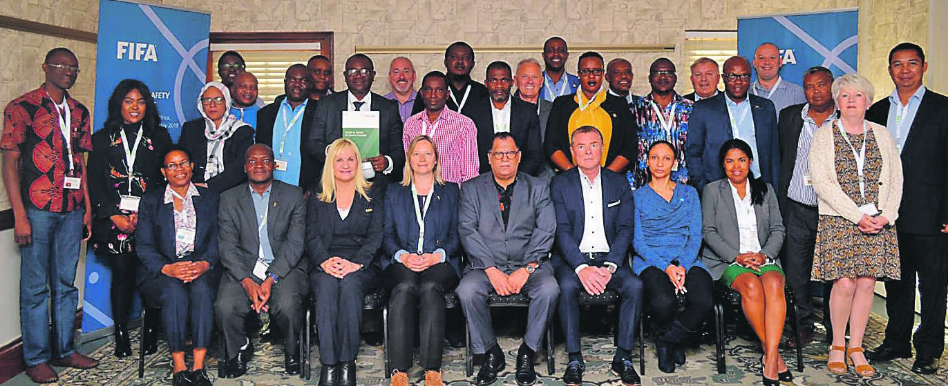 RAISING STANDARDS Danny Jordaan (centre, front row) and representatives from Safa, Fifa, the Sports Grounds Safety Authority and 14 Cosafa member delegates at the stadium safety workshop in Johannesburg this week. Picture: Fifa.com