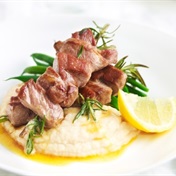 Lamb skewers with white bean purée