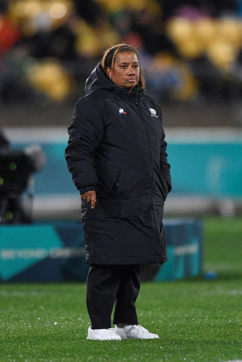 Desiree Ellis, coach of South Africa, during the FIFA Womens World Cup match between Sweden and South Africa on 23 July 2023 in Wellington Regional Stadium 