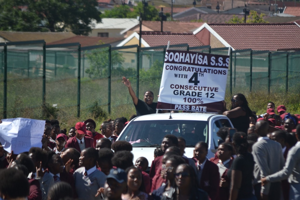 Soqhayisa Senior Secondary School pupils paraded on the street of Motherwell to celebrate their fourth consecutive 100% matric pass. Photo by Luvuyo Mehlwana