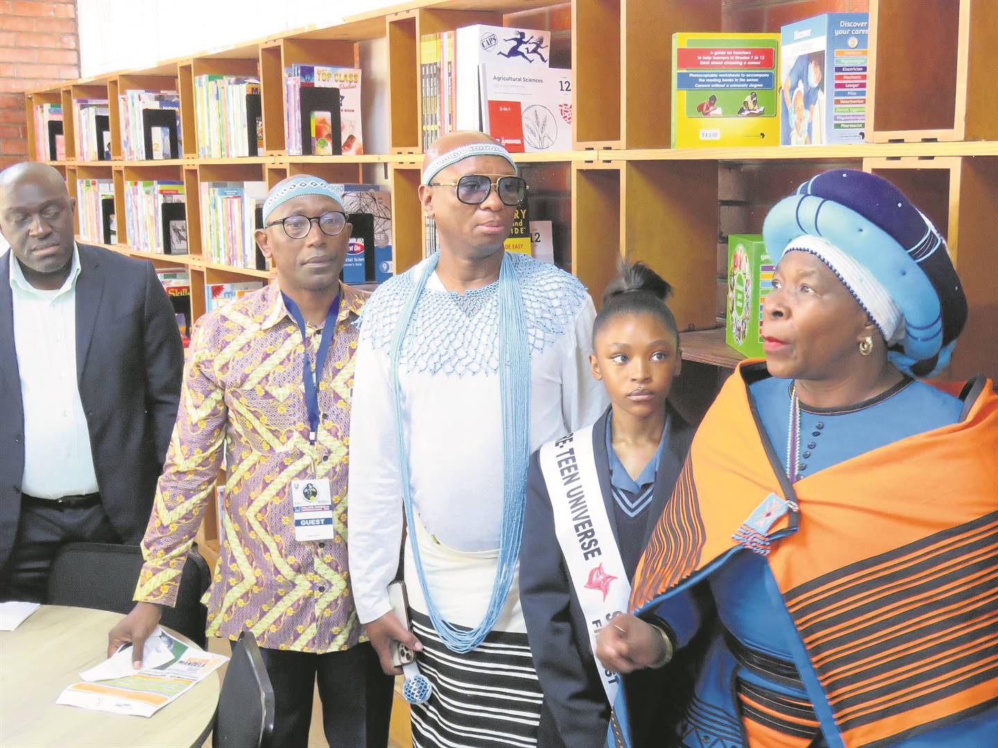 From left are Eastern Cape Education MEC Fundile Gade, Nelson Mandela Museum chief executive Vuyani Booi, Sports, Arts and Culture minister Zizi Kodwa, Zingisa Comprehensive High School learner Avile Nkcita and Eastern Cape Sports, Recreation, Arts and Culture MEC Nonceba Kontsiwe inside the library that was handed over to the school on International Nelson Mandela Day.                                 