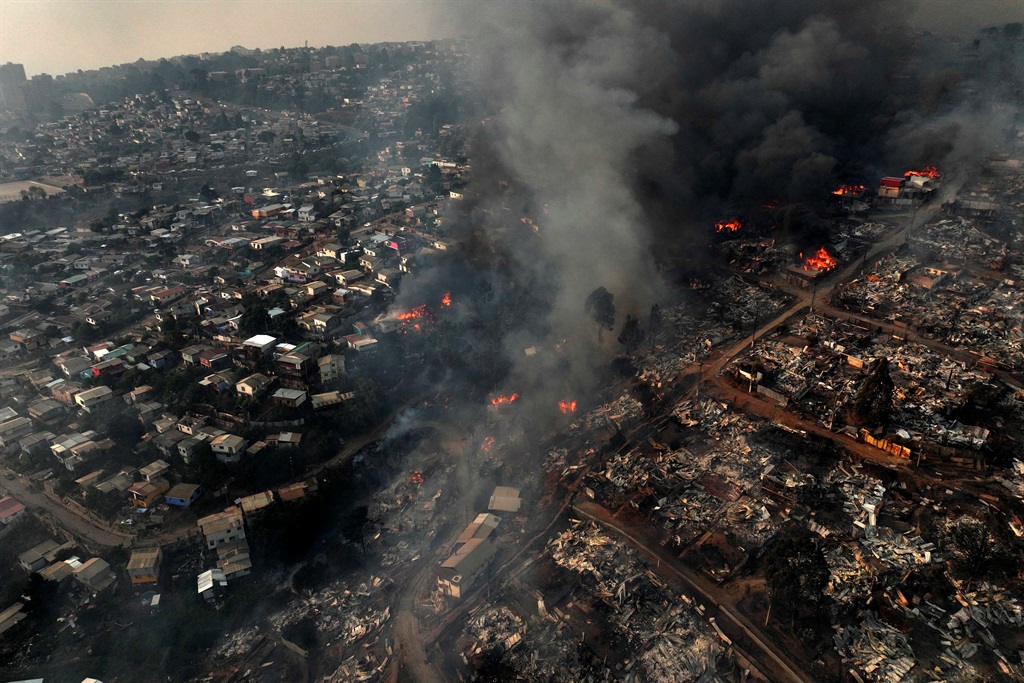 Aerial view of the forest fire that affects the hills of the city of Viña del Mar in the Las Pataguas sector, Chile, taken on 3 February 2024. 