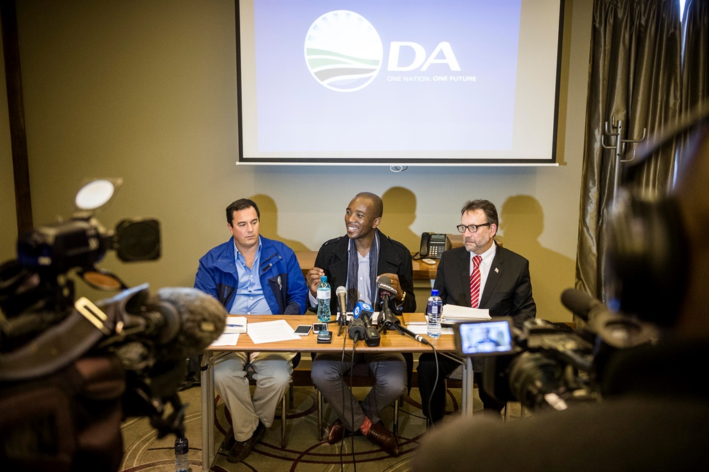 DA leader Mmusi Maimane with James Selfe and the John Steenhuisen during a media briefing in 2015. Picture: Gallo Images / Beeld / Cornel van Heerden