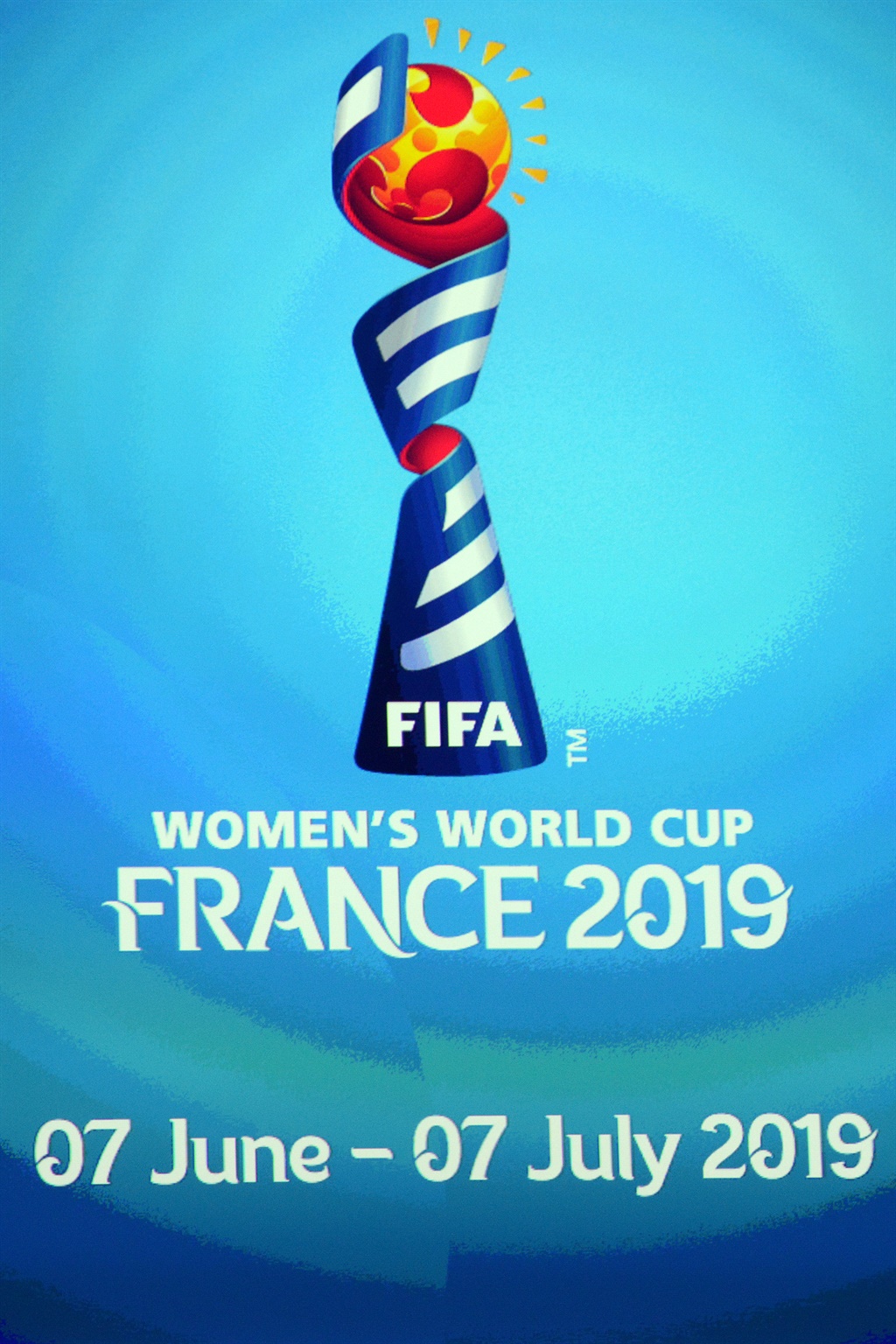 The Official emblem of the FIFA womens world cup France 2019 symbolised by a ball poised to cast its light on the elite of womens football during the Presentation World Cup 2019 in France 