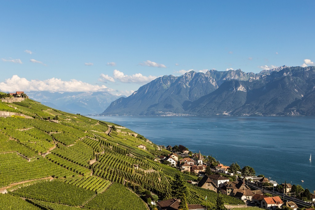 Lake Geneva in Switzerland with the alps mountain in the background.