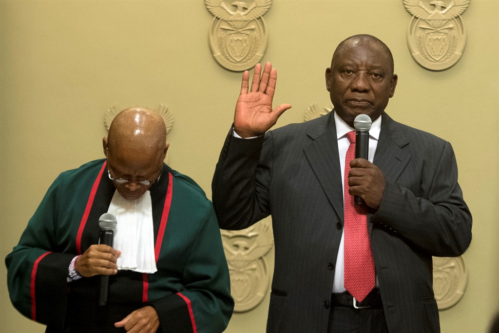 CAPE TOWN, SOUTH AFRICA â?? FEBRUARY 15: Cyril Ramaphosa is sworn in as the new president of the Republic of South Africa in Parliament on February 15, 2018 in Cape Town, South Africa. Ramaphosa was elected unchallenged, as the new president of the Republic following Jacob Zumaâ??s resignation. Chief Justice Mogoeng Mogoeng presided over the election. (Photo by Gallo Images / Netwerk24 / Jaco Marais)